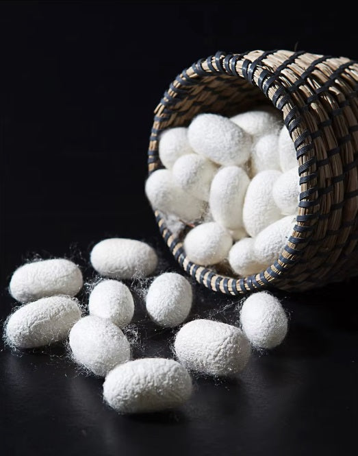 A flipped basket with white silk cocoons spilling onto the table, set against a black background. The basket and cocoons are illuminated, highlighting their natural texture and soft white color. From Borcelleclothes.
