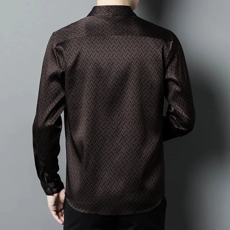 The back of the Men's Mulberry silk shirt in English Walnut featuring a unique geometric design with intricate rhombuses and vibrant orange accents. The shirt combines luxurious fabric with refined elegance, perfect for a sophisticated look. From Borcelleclothes.