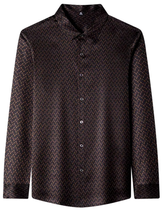 Men's Mulberry silk shirt in English Walnut with a unique geometric design, showcasing the full drape of the luxurious fabric and intricate rhombus pattern with vibrant orange accents. From Borcelleclothes.