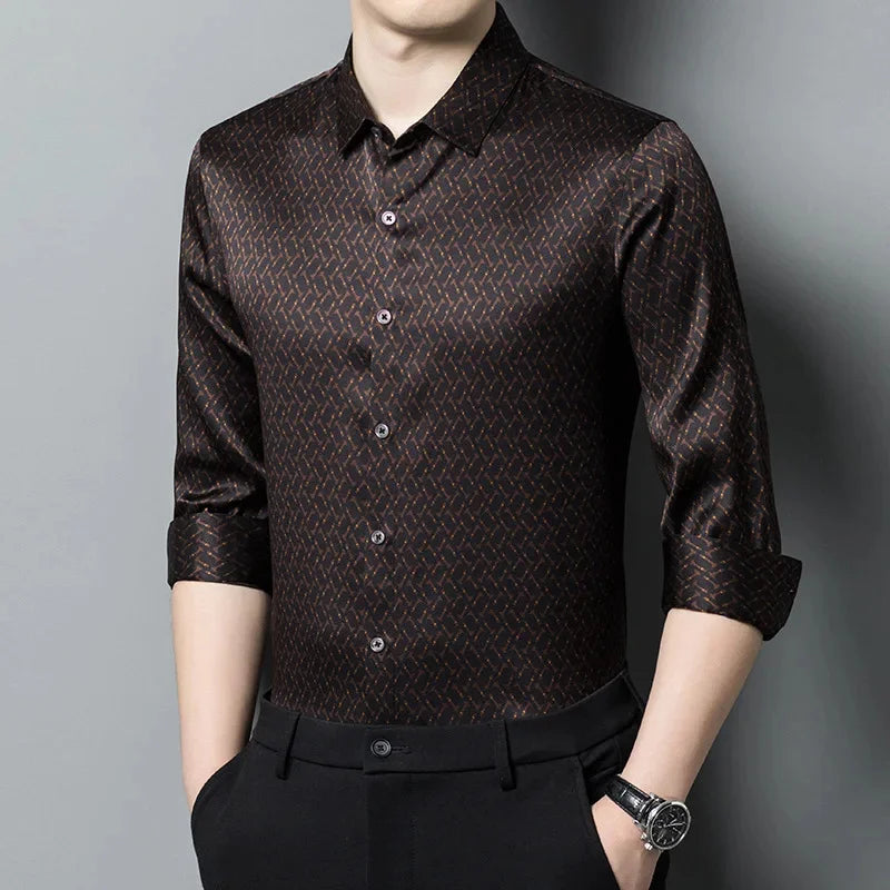 The front of the Men's Mulberry silk shirt in English Walnut featuring a unique geometric design with intricate rhombuses and vibrant orange accents. The shirt combines luxurious fabric with refined elegance, perfect for a sophisticated look. From Borcelleclothes.