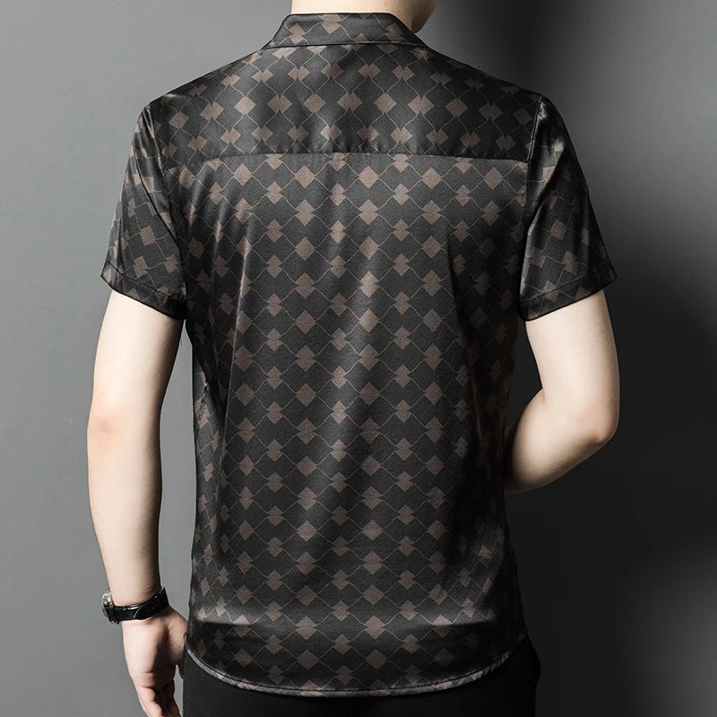 The back of the Men's Mulberry silk shirt in deep brown, featuring a geometric rhombus mesh pattern with subtle variations in size and depth. Crafted from a blend of Mulberry silk and spandex, the shirt exudes refined elegance with a modern, structured design. From Borcelleclothes.
