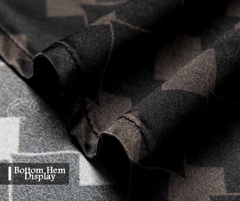 Detailed stitching and textured fabric on the bottom of the Men's Mulberry silk shirt in deep brown, featuring a geometric rhombus mesh pattern with subtle variations in size and depth. Crafted from a blend of Mulberry silk and spandex, the shirt exudes refined elegance with a modern, structured design. From Borcelleclothes.