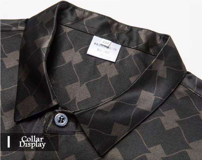 Detailed stitching and textured fabric on the collar of the Men's Mulberry silk shirt in deep brown, featuring a geometric rhombus mesh pattern with subtle variations in size and depth. Crafted from a blend of Mulberry silk and spandex, the shirt exudes refined elegance with a modern, structured design. From Borcelleclothes.