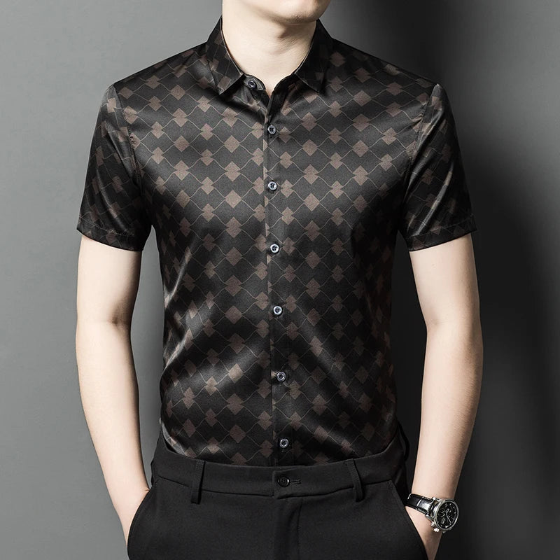 The front of the Men's Mulberry silk shirt in deep brown, featuring a geometric rhombus mesh pattern with subtle variations in size and depth. Crafted from a blend of Mulberry silk and spandex, the shirt exudes refined elegance with a modern, structured design. From Borcelleclothes.