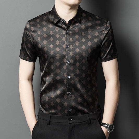 The front of the Men's Mulberry silk shirt in deep brown, featuring a geometric rhombus mesh pattern with subtle variations in size and depth. Crafted from a blend of Mulberry silk and spandex, the shirt exudes refined elegance with a modern, structured design. From Borcelleclothes.