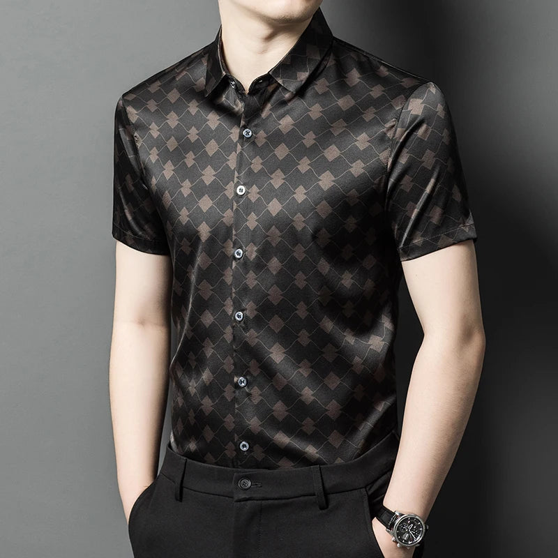 The front of the Men's Mulberry silk shirt in deep brown, featuring a geometric rhombus mesh pattern with subtle variations in size and depth. Crafted from a blend of Mulberry silk and spandex, the shirt exudes refined elegance with a modern, structured design. From Borcelleclothes.