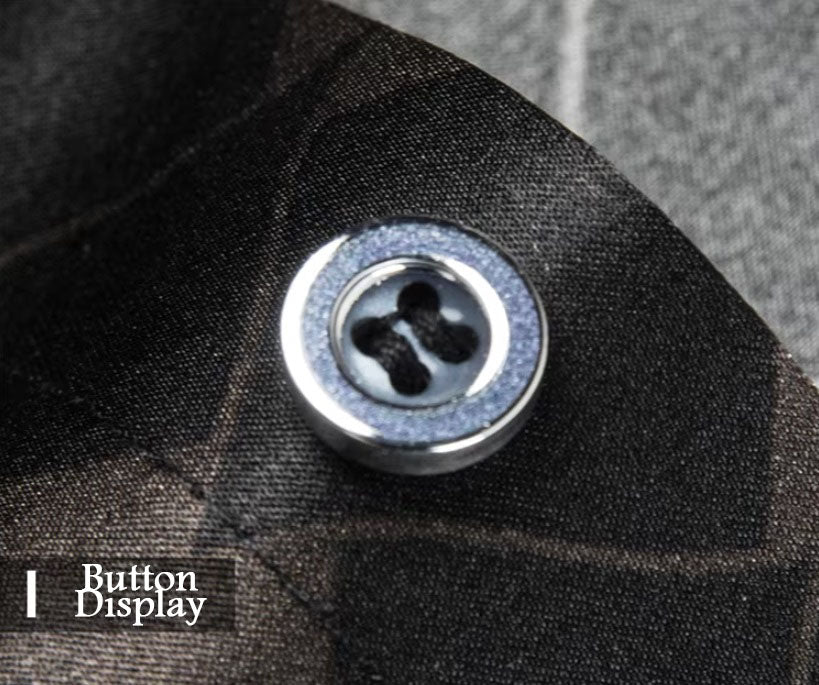 Detailed stitching and textured fabric on the part of placket with the button of the Men's Mulberry silk shirt in deep brown, featuring a geometric rhombus mesh pattern with subtle variations in size and depth. Crafted from a blend of Mulberry silk and spandex, the shirt exudes refined elegance with a modern, structured design. From Borcelleclothes.