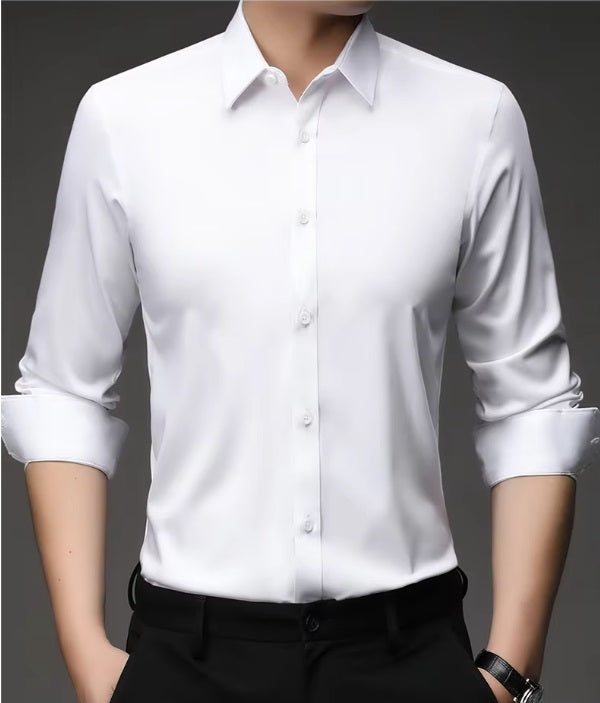 Men's 100% Mulberry silk shirt in solid Alabaster, featuring a pointed collar, single-breasted front, and a modern tailored silhouette. The shirt offers comfort, elegance, and a smooth, breathable texture. From Borcelleclothes.