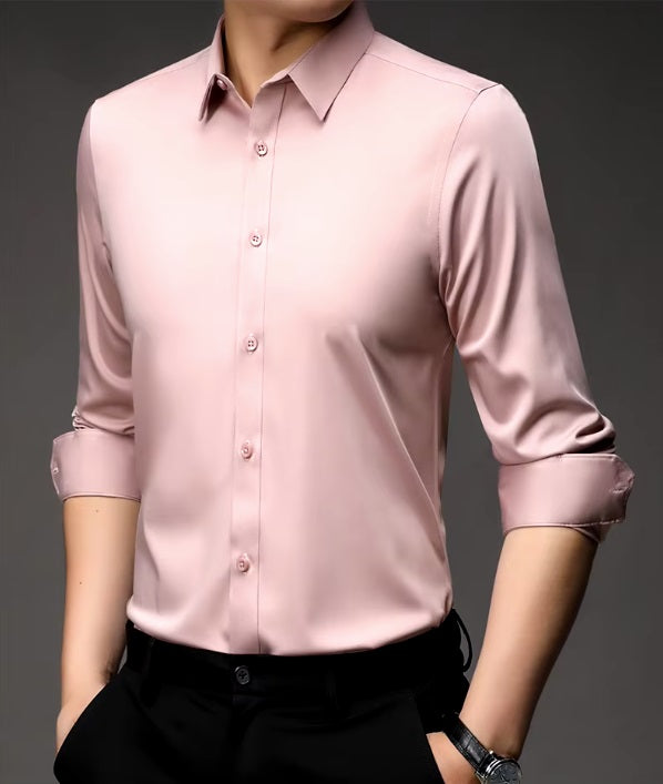 Men's 100% Mulberry silk shirt in solid Cosmos, featuring a pointed collar, single-breasted front, and a modern tailored silhouette. The shirt offers comfort, elegance, and a smooth, breathable texture. From Borcelleclothes.