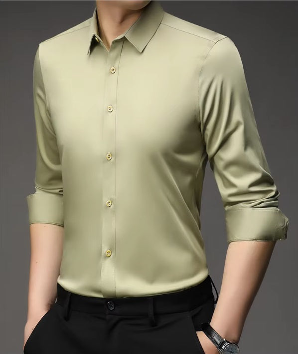 Men's 100% Mulberry silk shirt in solid Green Mist, featuring a pointed collar, single-breasted front, and a modern tailored silhouette. The shirt offers comfort, elegance, and a smooth, breathable texture. From Borcelleclothes.
