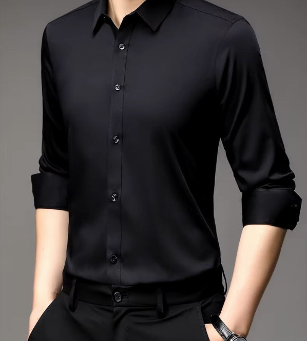Men's 100% Mulberry silk shirt in Onyx, featuring a pointed collar, single-breasted front, and a modern tailored silhouette. The shirt offers comfort, elegance, and a smooth, breathable texture. From Borcelleclothes.