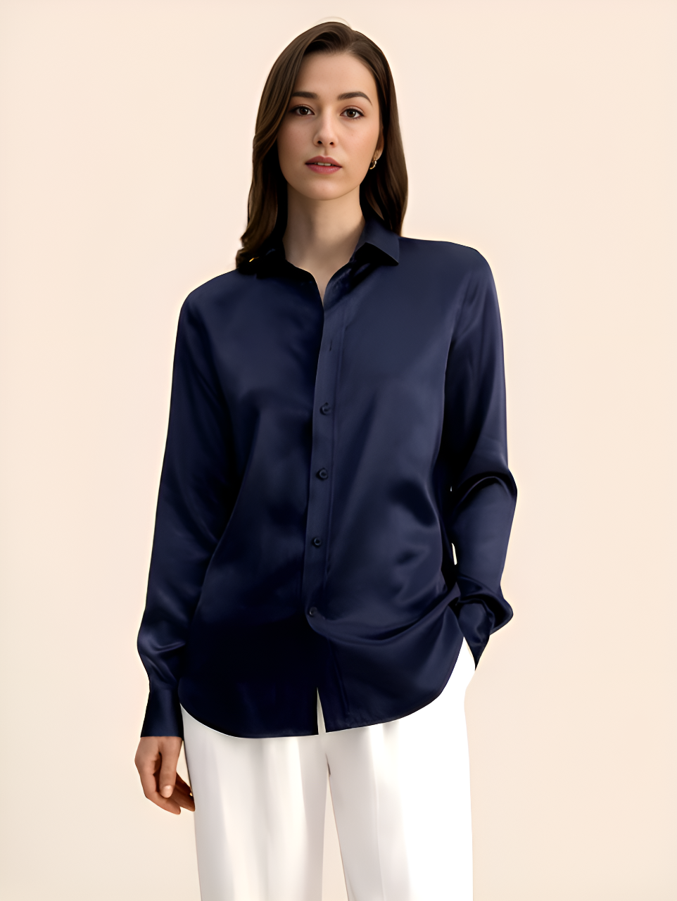 The front of a Women's Business Midweight Satin Silk Shirt in Mirage, crafted from 100% Mulberry silk with a luxurious midweight satin finish. The shirt showcases a smooth, lustrous texture that offers elegance and sophistication, ideal for formal and professional settings. From Borcelleclothes.