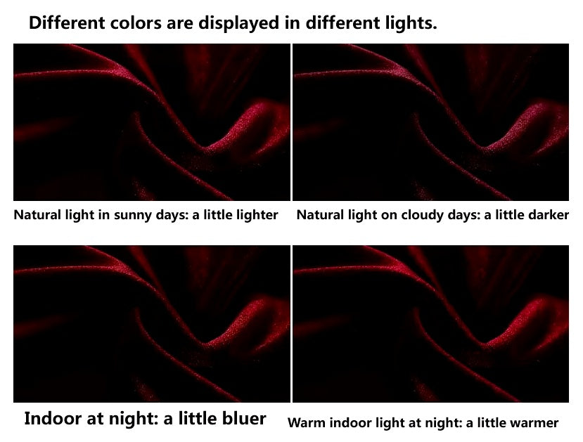 Color variations of the Women's Silk Velvet Shirt under different lighting conditions. The top row shows natural light on sunny days with a lighter tone and on cloudy days with a darker tone. The bottom row displays indoor lighting effects, with a bluer tone at night and a warmer tone under warm indoor light. From Borcelleclothes.