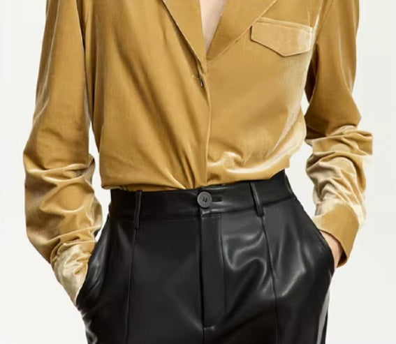 Women's Silk Velvet Shirt in Camel, model resting hands in the pockets. From Borcelleclothes.
