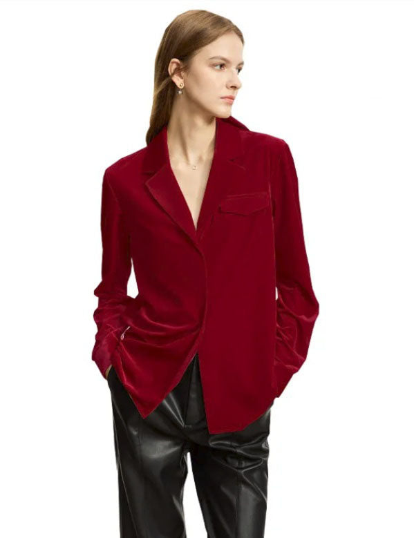 Women's Silk Velvet Shirt in Japanese Maple, crafted from a luxurious silk and viscose blend. Featuring a soft gloss, breathability, a notched collar, single-breasted closure, and left-side flap pocket, this health-conscious velvet shirt offers elegance and comfort for professional and casual wear. From Borcelleclothes.