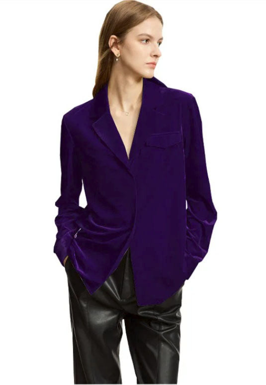 Women's Silk Velvet Shirt in Midnight Purple, crafted from a luxurious silk and viscose blend. Featuring a soft gloss, breathability, a notched collar, single-breasted closure, and left-side flap pocket, this health-conscious velvet shirt offers elegance and comfort for professional and casual wear. From Borcelleclothes.