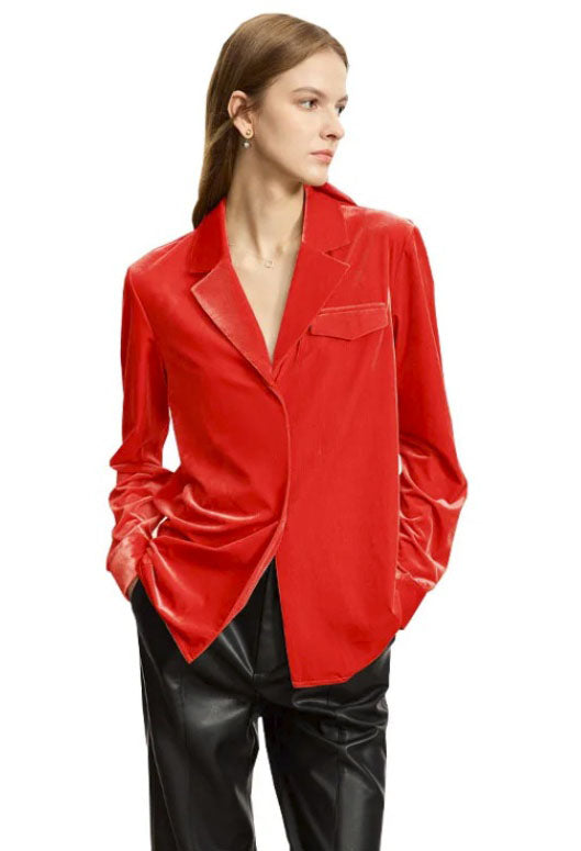 Women's Silk Velvet Shirt in Milano Red, crafted from a luxurious silk and viscose blend. Featuring a soft gloss, breathability, a notched collar, single-breasted closure, and left-side flap pocket, this health-conscious velvet shirt offers elegance and comfort for professional and casual wear. From Borcelleclothes.