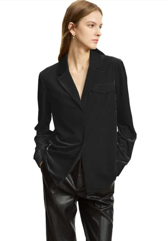 Women's Silk Velvet Shirt in Onyx, crafted from a luxurious silk and viscose blend. Featuring a soft gloss, breathability, a notched collar, single-breasted closure, and left-side flap pocket, this health-conscious velvet shirt offers elegance and comfort for professional and casual wear. From Borcelleclothes.