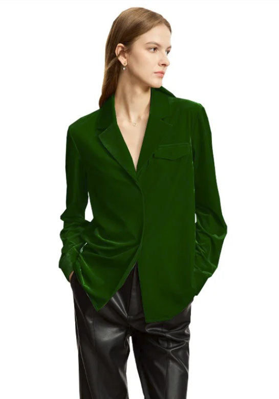 Women's Silk Velvet Shirt in Very Dark Green, crafted from a luxurious silk and viscose blend. Featuring a soft gloss, breathability, a notched collar, single-breasted closure, and left-side flap pocket, this health-conscious velvet shirt offers elegance and comfort for professional and casual wear. From Borcelleclothes.