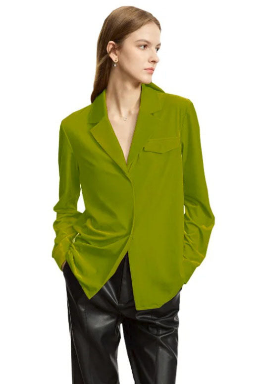 Women's Silk Velvet Shirt in Wasabi, crafted from a luxurious silk and viscose blend. Featuring a soft gloss, breathability, a notched collar, single-breasted closure, and left-side flap pocket, this health-conscious velvet shirt offers elegance and comfort for professional and casual wear. From Borcelleclothes.