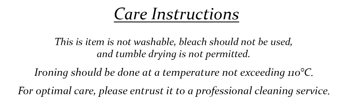 Care instructions for a Men's Almond Frost Double-Breasted Suit, detailing care recommendations such as avoiding washing, bleach, and tumble drying, with ironing limited to 110°C. Professional cleaning suggested. From Borcelleclothes.