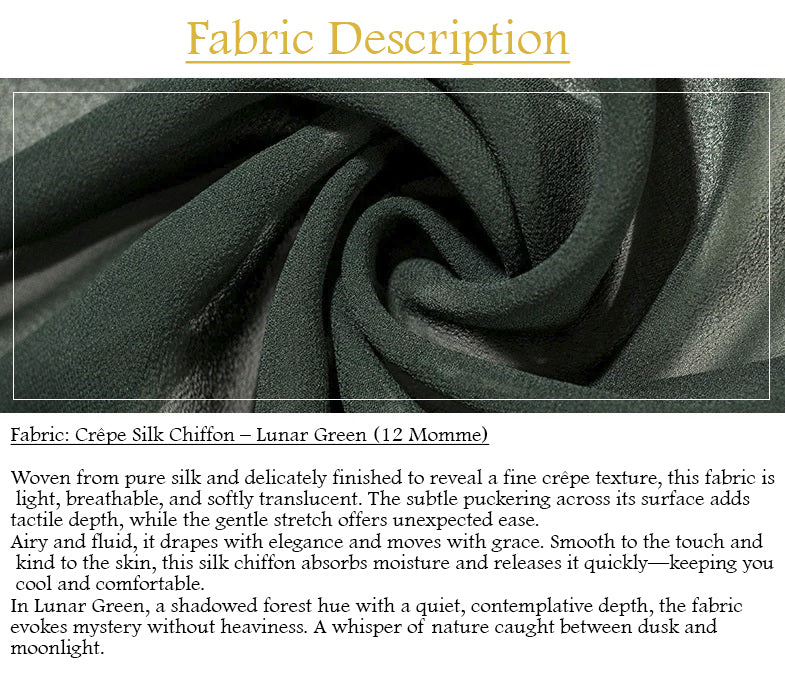 Crepe silk chiffon fabric in Lunar Green, showing texture, translucency, and color tone - with the description. From Borcelleclothes.