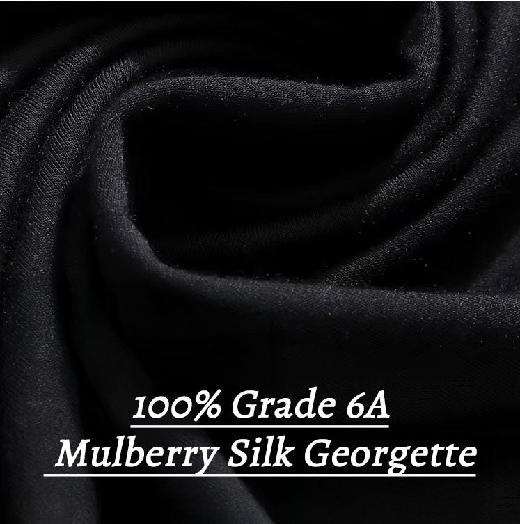 Black 6A-grade Mulberry silk georgette fabric with text: 100% silk. From Borcelleclothes.