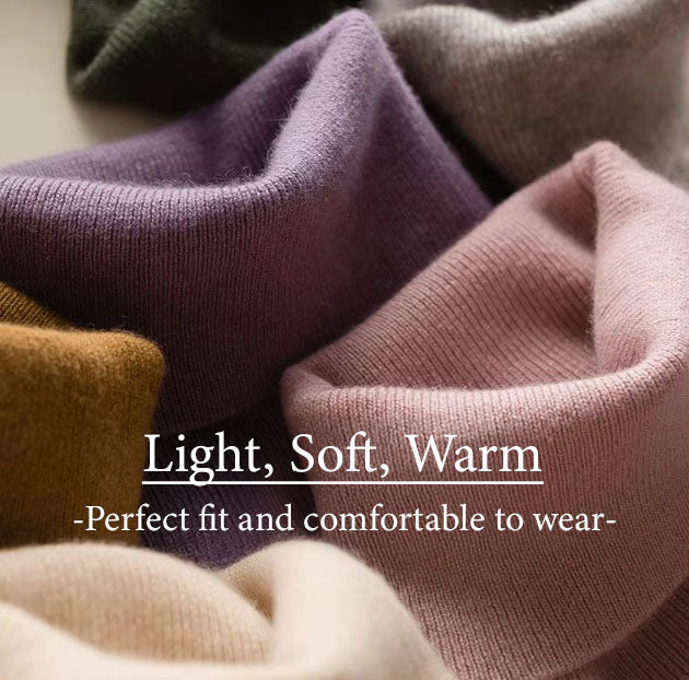 Demonstration of Alashan cashmere turtleneck sweaters, highlighting their lightweight, soft, and warm properties, Borcelleclothes.