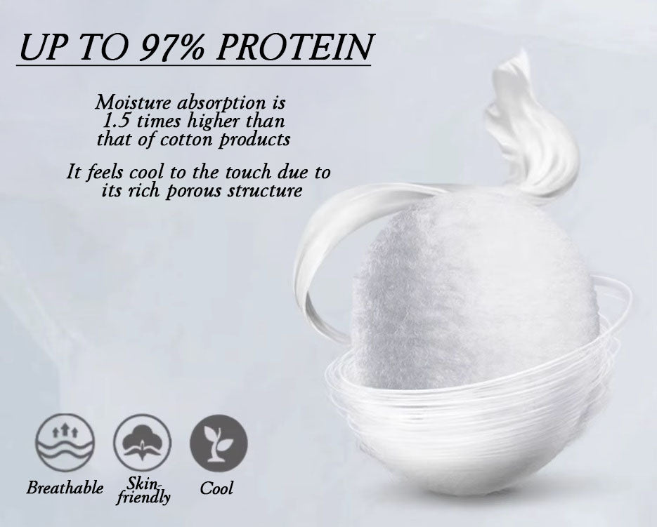 White silk cocoon on silk georgette fabric with text: breathable, skin-friendly, cool. From Borcelleclothes.