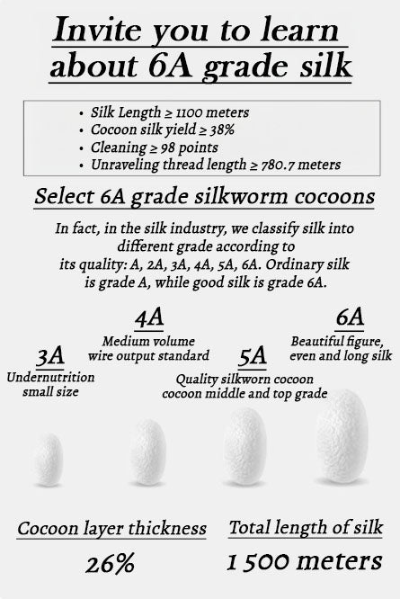 Visual comparison of silk grades from 3A to 6A with Mulberry silk cocoons. From Borcelleclothes.