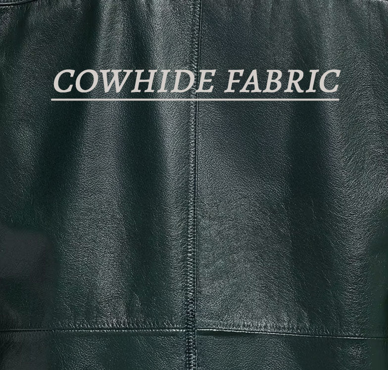 Cowhide fabric used in the men’s leather jacket in Outer Space; features semi-vegetable tanned wax finish and visible grain texture. From Borcelleclothes.