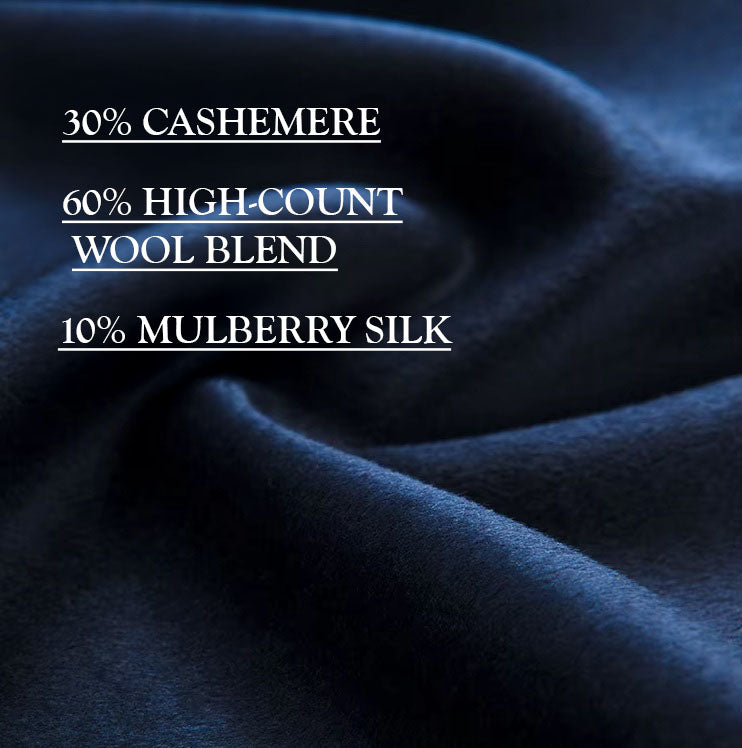 The Deep Cove fabric, highlighting the blend of cashmere, high-count wool, and Mulberry silk, showcasing its soft texture and luxurious finish. From Borcelleclothes.