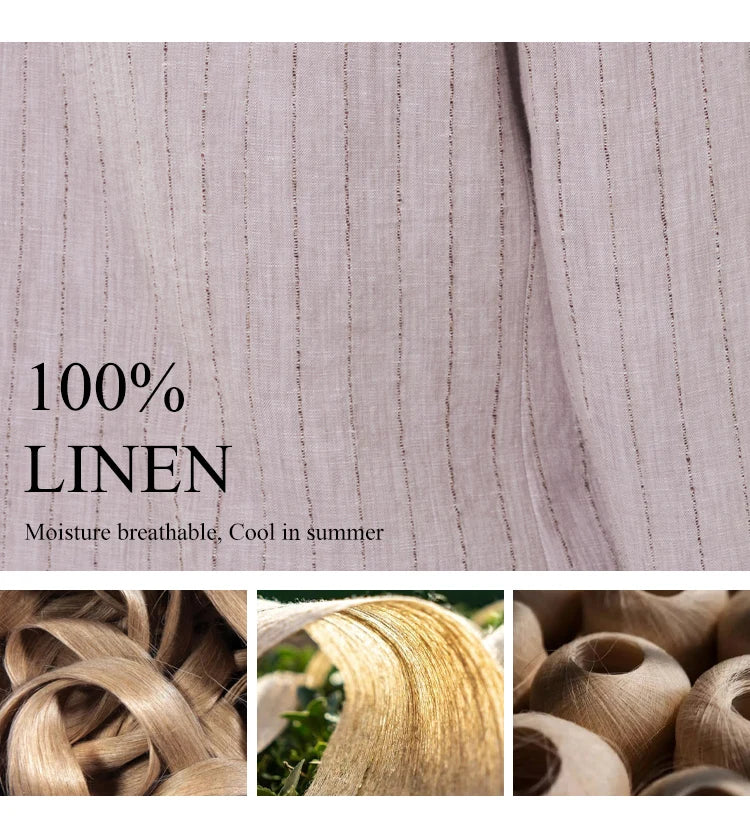 Close-up of 100% linen fabric with woven striped texture, alongside natural flax fibers and yarns, highlighting breathability and coolness in summer. From Borcelleclothes.