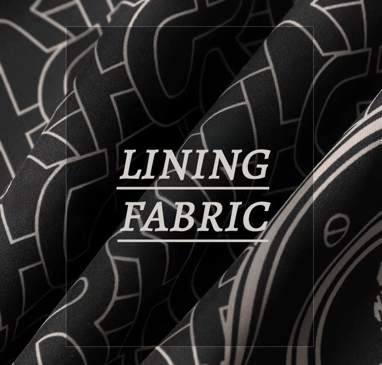 The jacket’s inner lining fabric; reveals texture and tone of interior finish, designed for lightweight comfort. From Borcelleclothes.