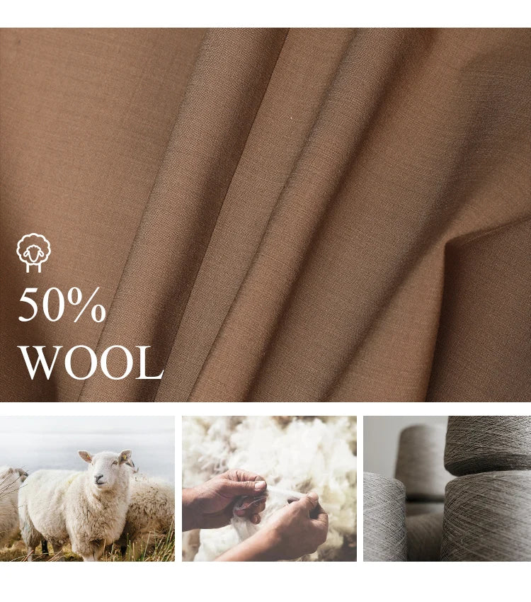 Milk Chocolate wool blend fabric collage with sheep, fibers, and yarns. From Borcelleclothes.