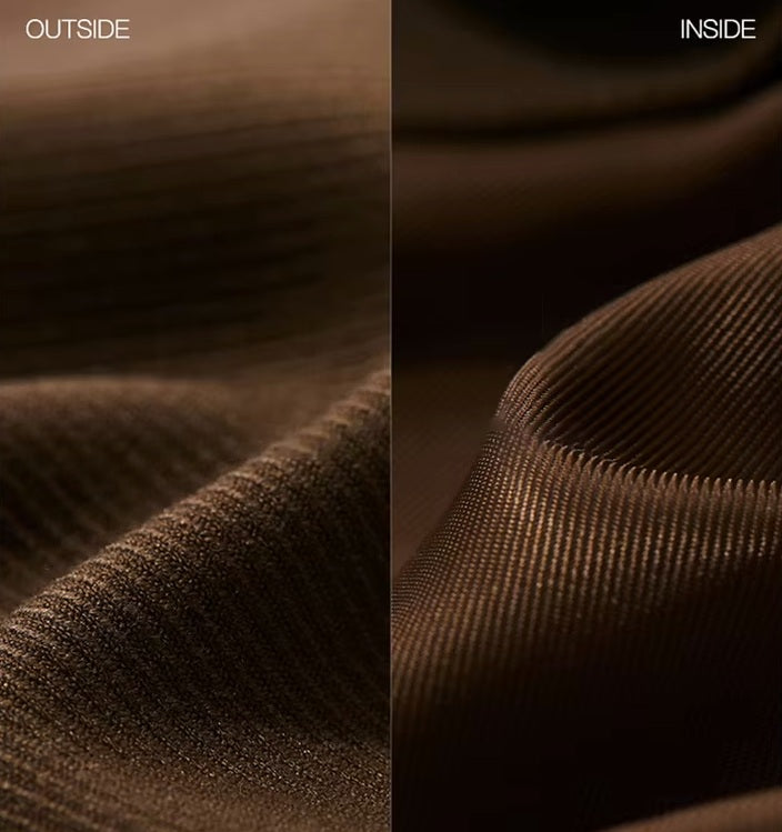 Sugar Cane fabric, shown inside and outside, revealing the soft texture and cohesive tone of this neutral, light-reflecting shade. From Borcelleclothes.