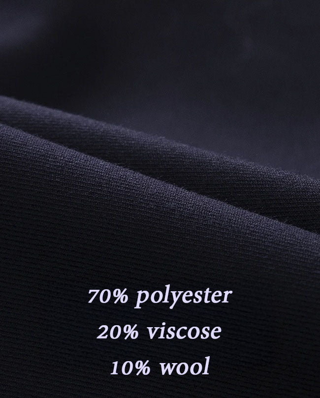 Close-up of Midnight Express wool-blend fabric showing fine weave and composition details. From Borcelleclothes.