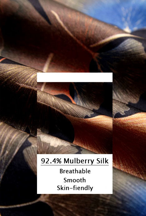 Nature-Inspired Mulberry Silk Fabric showcasing a ginkgo leaves design, with text highlighting its breathable, smooth, and skin-friendly qualities, emphasizing luxurious comfort. From Borcelleclothes.