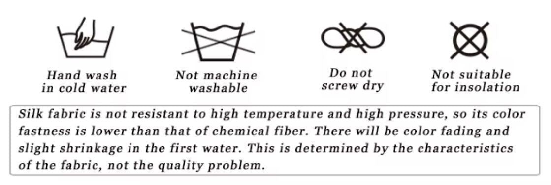 Laundry care symbols for a Women's 6A Mulberry Silk Georgette Dress, including hand wash in cold water, not machine washable, do not screw dry, and not suitable for insolation. From Borcelleclothes.