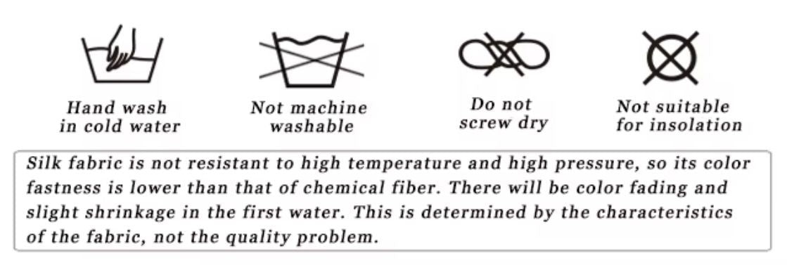Laundry care symbols for a Women's Sheer Georgette Skirt, including hand wash in cold water, not machine washable, do not screw dry, and not suitable for insolation. From Borcelleclothes.
