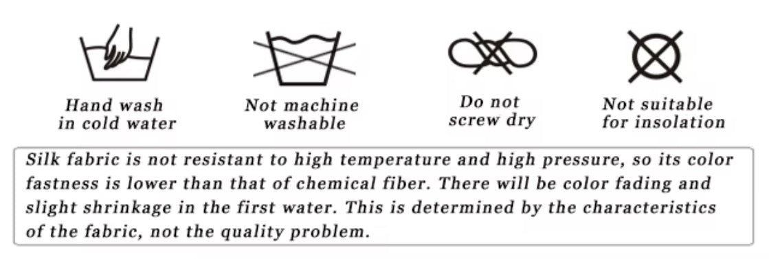 Laundry care symbols for a Women's Silk Crepe de Chine Shirt, including hand wash in cold water, not machine washable, do not screw dry, and not suitable for insolation. From Borcelleclothes.