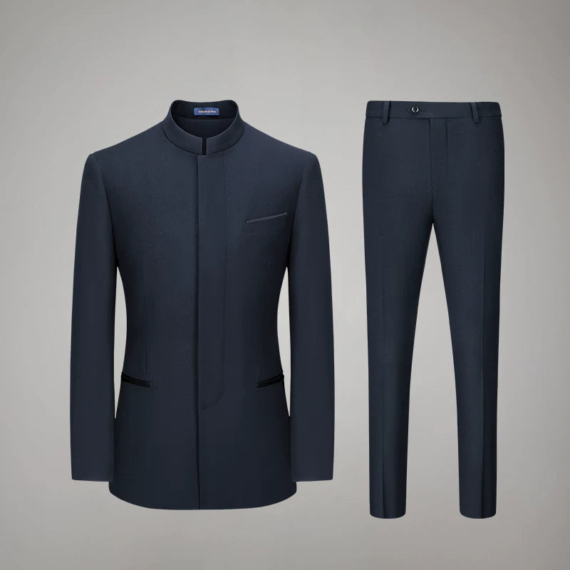 Complete two-piece men's mandarin collar wool suit set in Deep Waters featuring tailored jacket and trousers — From Borcelleclothes.