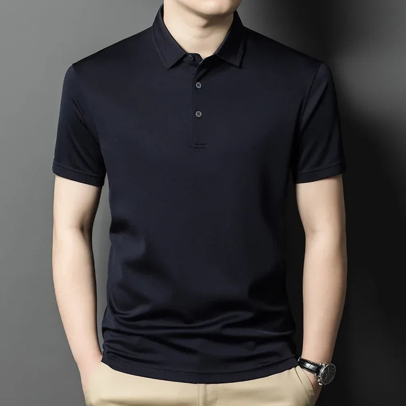 Men's Mulberry Silk Micro-Piqué Polo in Black Pearl featuring a twin-needle stitch pointed collar and mother-of-pearl buttons. — From Borcellelothes.