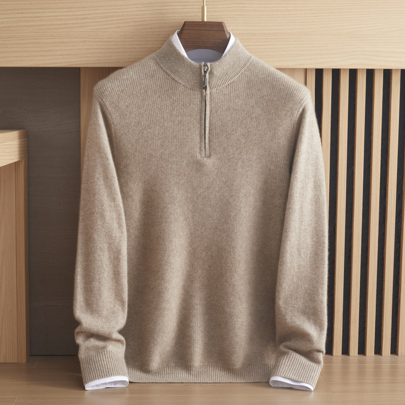 Front display of the men’s ribbed Arbas cashmere half-zip sweater in Half Malta warm beige layered over a crisp collared shirt — From Borcelleclothes.
