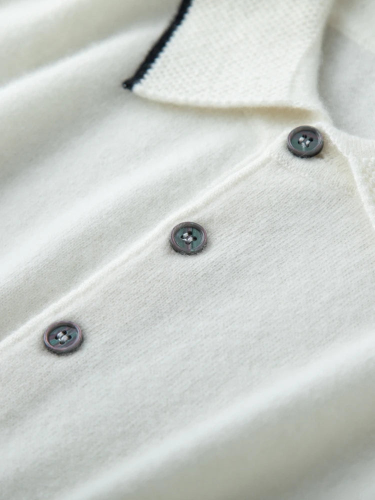 Close-up of the placket on the Fantasy Alashan cashmere polo — delicate knit texture and tonal button detail. From Borcelleclothes.