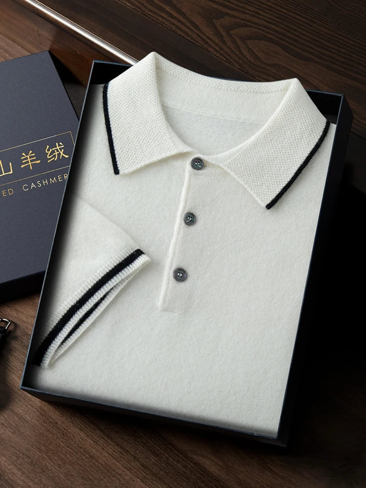 Men’s 100% Alashan Cashmere Polo in Fantasy — lightweight and breathable knit with a smooth surface and fine collar detail. From Borcelleclothes.