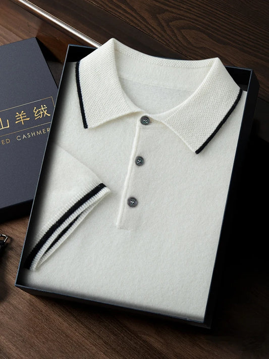 Men’s 100% Alashan Cashmere Polo in Fantasy — lightweight and breathable knit with a smooth surface and fine collar detail. From Borcelleclothes.