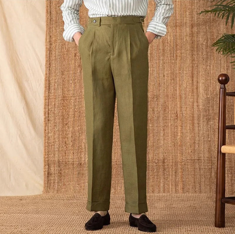 Model with hands in pockets wearing linen trousers in Shadow, reflecting soft structure and lived-in elegance. From Borcelleclothes.