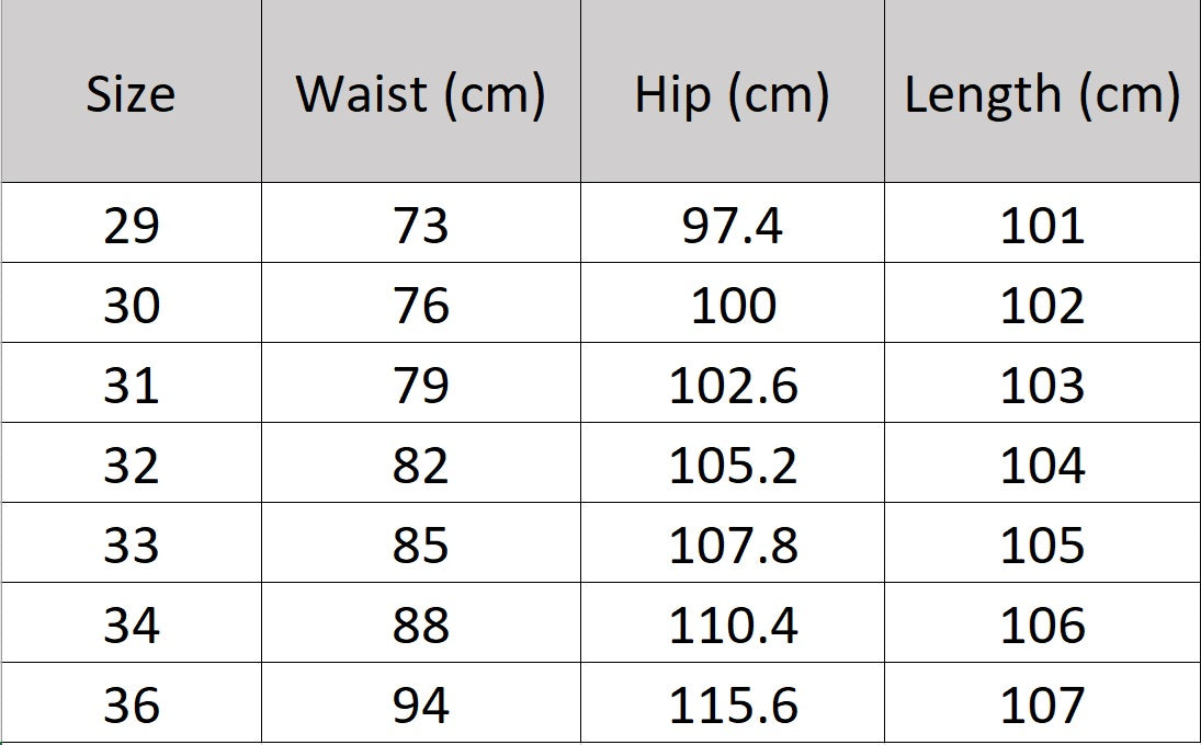 Men's size chart for 100% linen trousers, highlighting the breathable texture, relaxed drape, and natural elegance of the fabric. From Borcelleclothes.