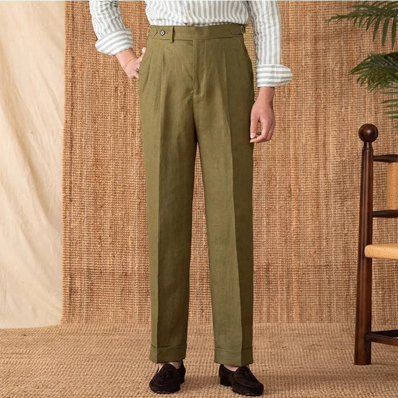 Men's 100% linen trousers in Shadow, highlighting the breathable texture, relaxed drape, and natural elegance of the fabric. From Borcelleclothes.
